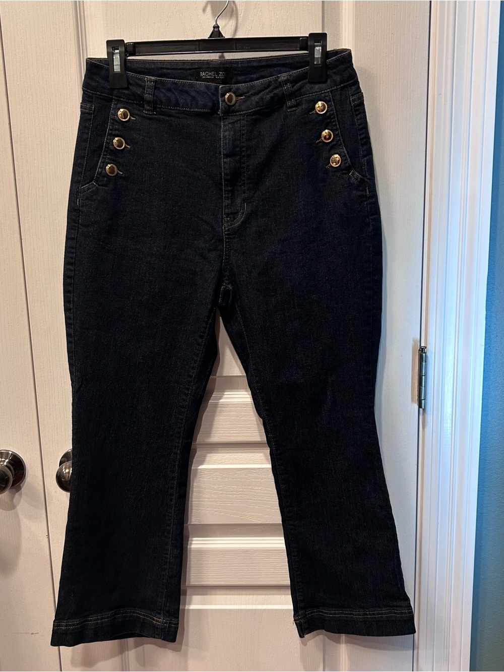 Rachel Zoe Sailor Button Crop Flare Jeans Size 8 Dark Wash Indigo Nautical Gold